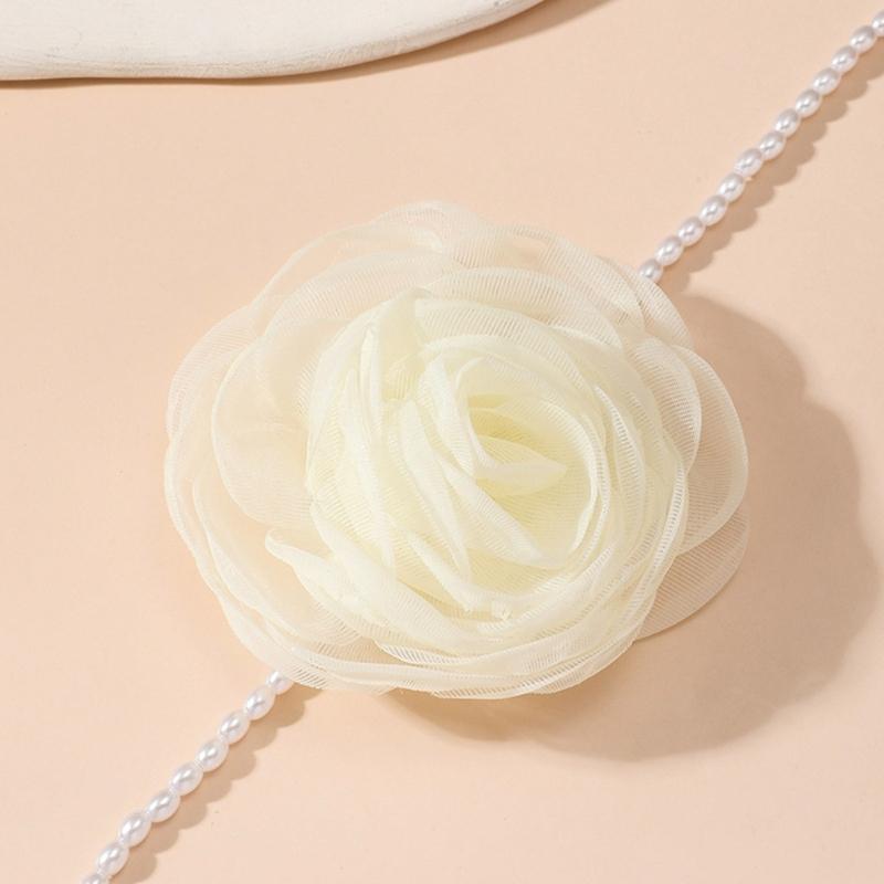 Simple Gauze Flowers Neckband Choker Necklace Jewelry Temperament Pearl Neck Chain Women Clavicle Chain Necklace
