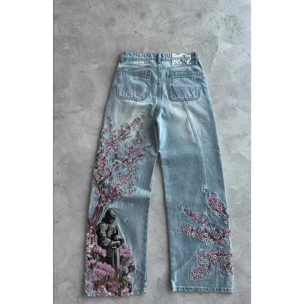 BeatStreet Vintage Cherry Blossom Black Knight Embroidery Jeans Y2k Retro Baggy Straight Denim Pants Blue Wash Jean