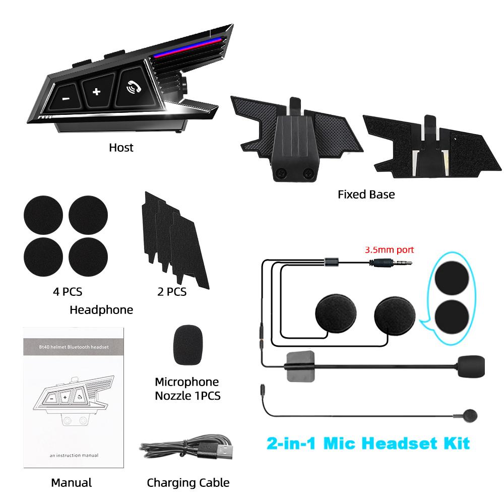 

BT40 мотоциклетная беспроводная гарнитура для шлема стерео Bluetooth наушники Hands Free IPX6 водонепроницаемые 1000 мАч с подсветкой