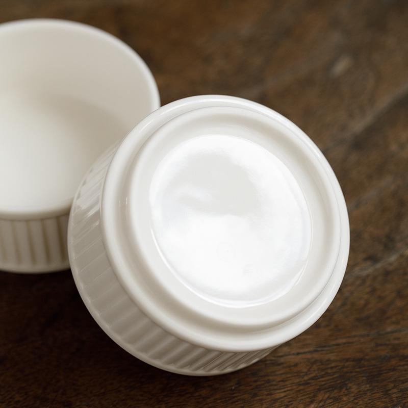 Rice White Striped Dessert Bowl - Porcelain Soufflé and Pudding Cup for Baking
