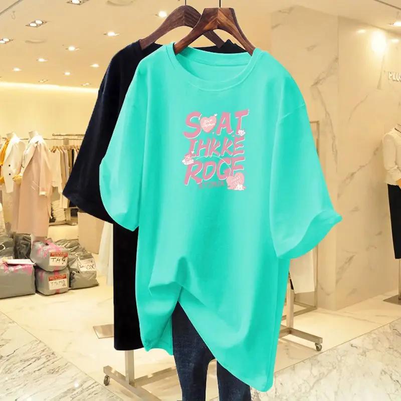 100% pure cotton women's short sleeved T-shirt, informal basic T-shirt with letters printed, loose top, fashionable sweater