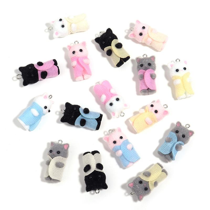 Kawaii 3D Flocking Cat Charm Cute Cartoon Cat Ornament Earring Keychain Pendant Accessories Diy Crafts Jewelry Make