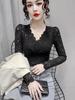 Women's V-Neck Lace Mesh Velvet Top - Long-Sleeve, Slim, Stylish for Autumn/Winter