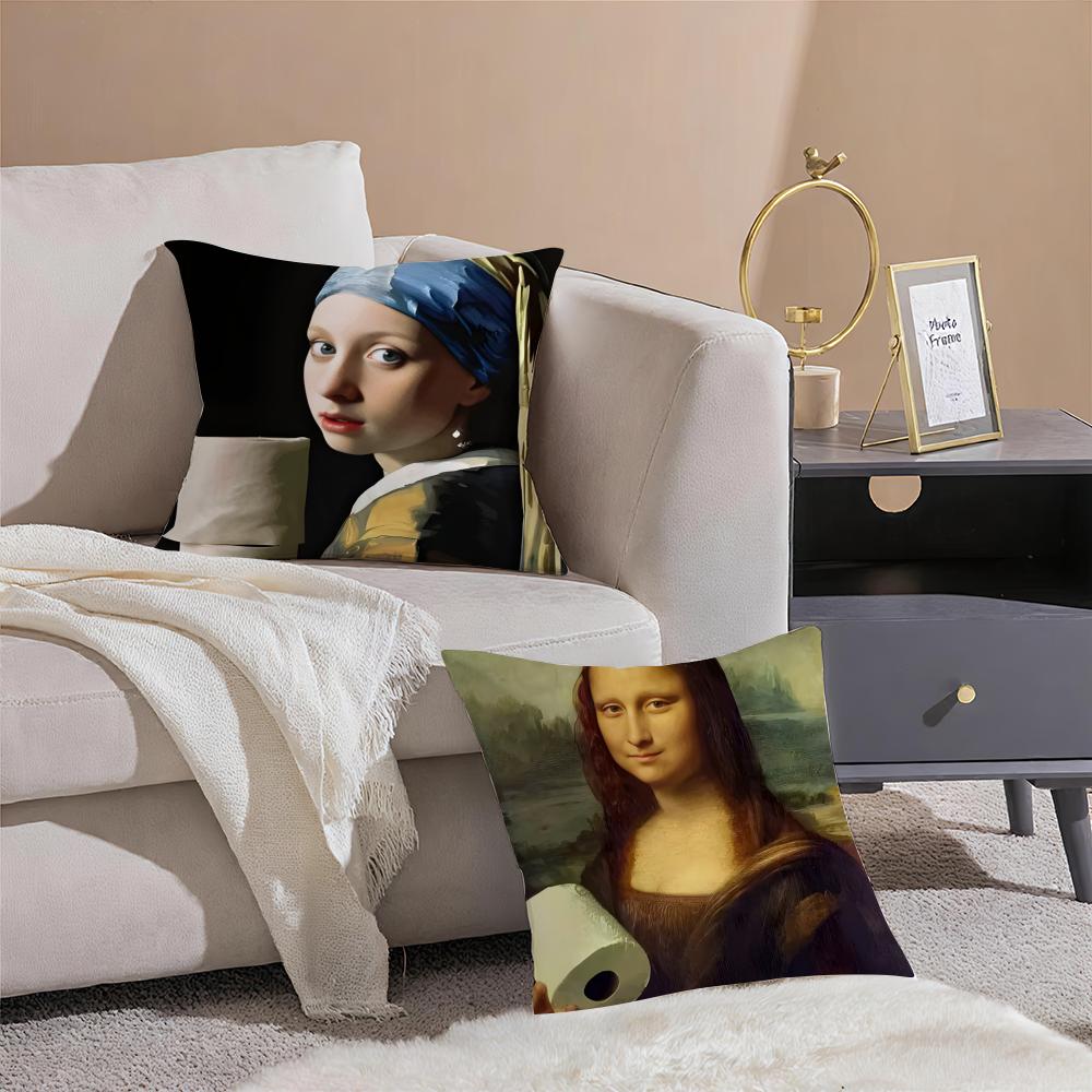 Classic Art Mona Lisa Wearing Pearls Girl Cushion Cover Linen Pillowcase Soft For Sofa Bed Home Room Decor