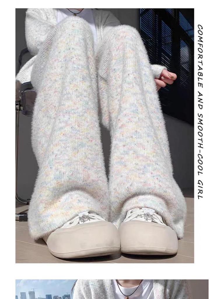 Women's Fleece-Lined Rainbow Sticky Rice Wide-Leg Pants: Warm High-Waist Casual Knitted Trousers for Autumn Winter