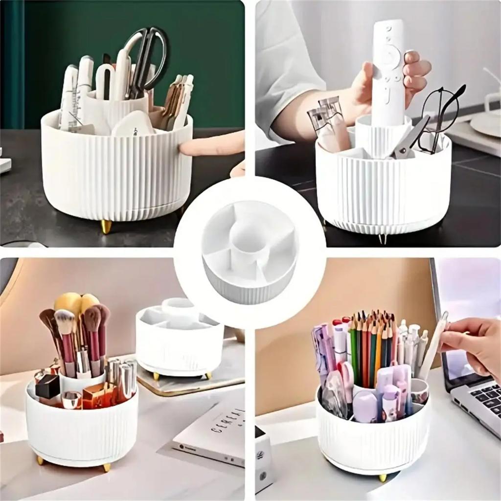 Organisateur de Maquillage Rotatif à 360° - 1 pièce Rangement Cosmétique en Plastique avec 5 Compartiments - Support Multifonctionnel pour Pinceaux