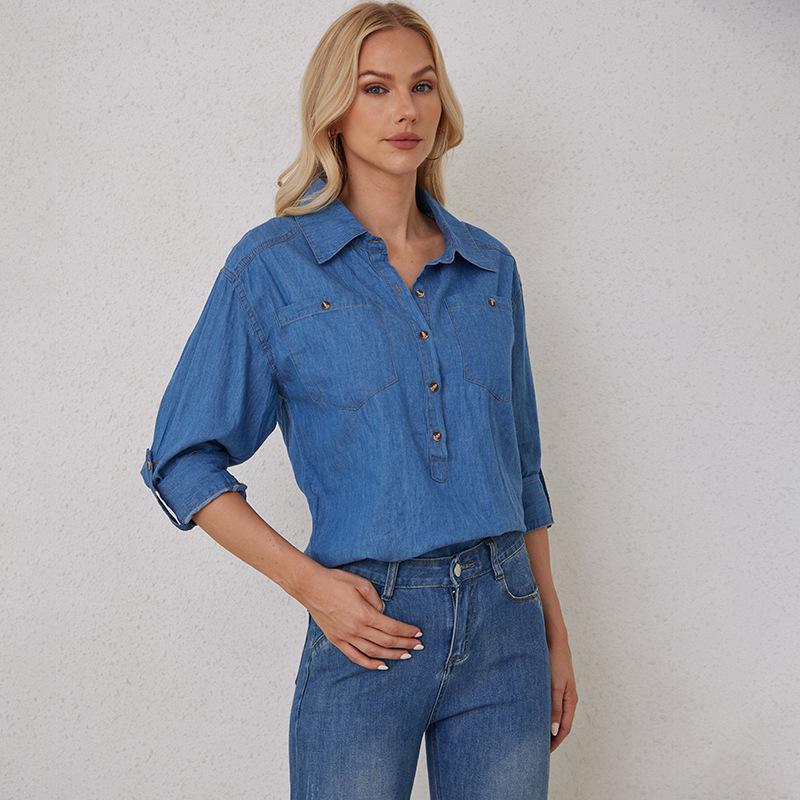 

Autumn Women s Lightweight Denim Long Sleeve Turn-Down Collar Pullover Shirt S синій