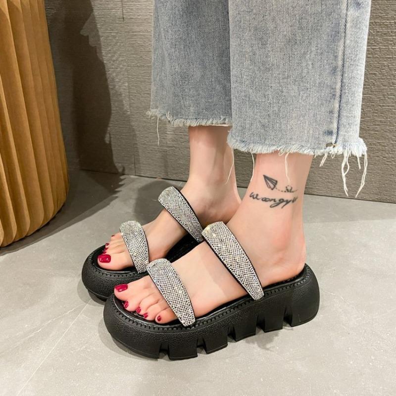 Summer new fashionable bright diamond cool slippers wearing candy-colored muffin platform sandals women's casual one-word drag
