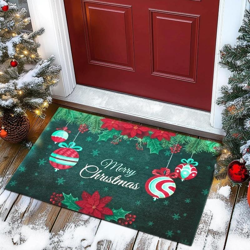 Christmas Themed Door Mat With Festive Patterns Like Candies Christmas Trees Balls Bells Non Slip Welcome Entrance Rug