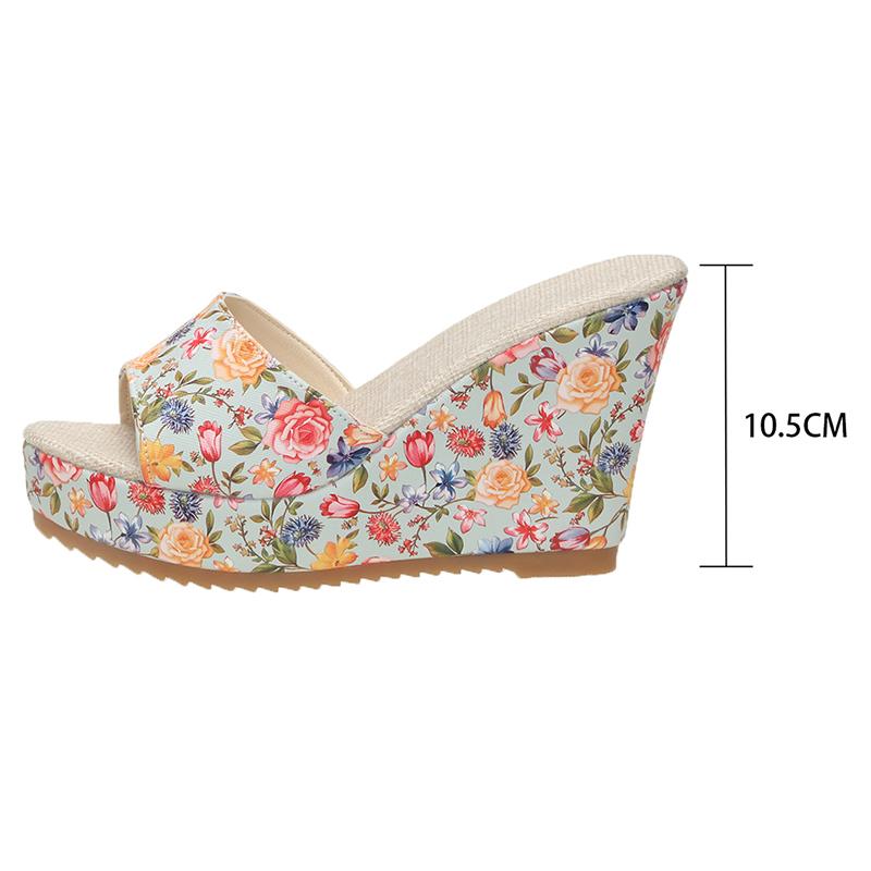Fashion Floral Print Wedge Slippers Women Slip On Chunky Platform Sandals Woman Summer 2025 Thick Bottom Non Slip Outdoor Slides