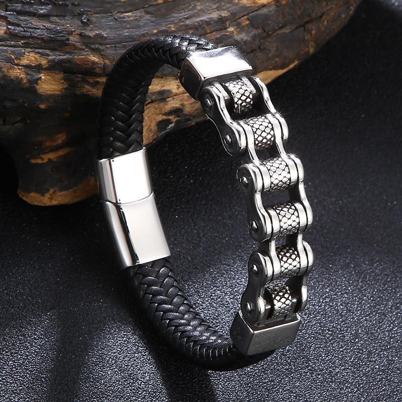 Punk Men Biker Chain Bracelet Genuine Leather Stainless Steel Magnetic Buckle Gift for Men Pulseras