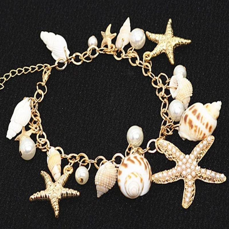 Gold Color Metal Starfish Conch Charm Women Bracelet Imitation Pearl Natural Conch Cute Summer Bracelet Y2K Fashion Jewelry