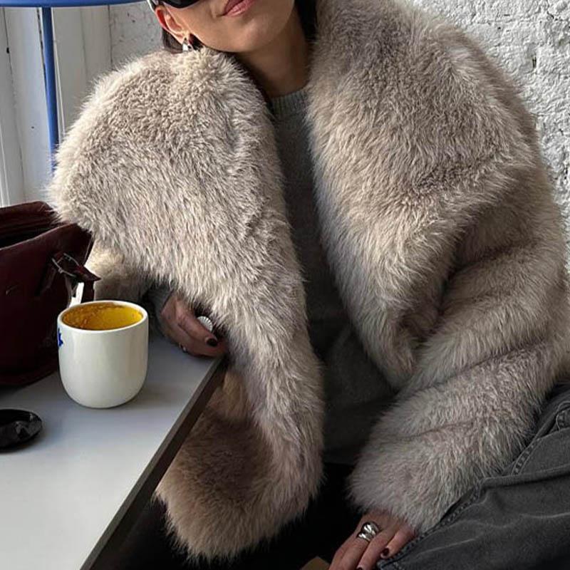 Women Fashion Cropped Faux Fur Jacket Coat Long Sleeve Front Snap-button Female Outerwear Chic Lapel Collar Thick Coat