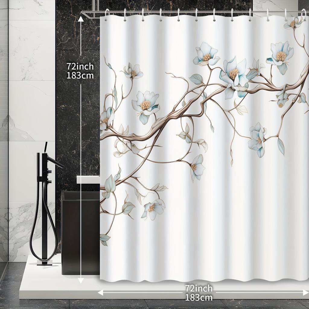 1 Stück Chinesischer Stil Elegante Aquarell Blaue Florale Deckenleuchte Badezimmer Duschvorhang, Badezimmerdekoration, Badezimmerzubehör