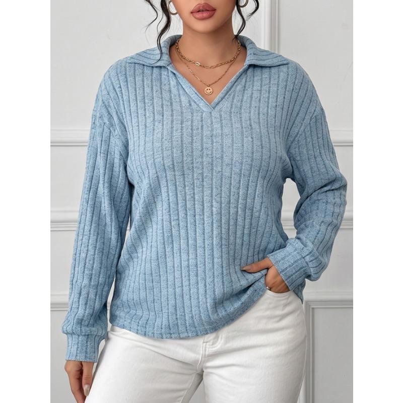 Plus Size Women S Long Sleeve Knit Turn Down Collar Striped Casual Basic Top