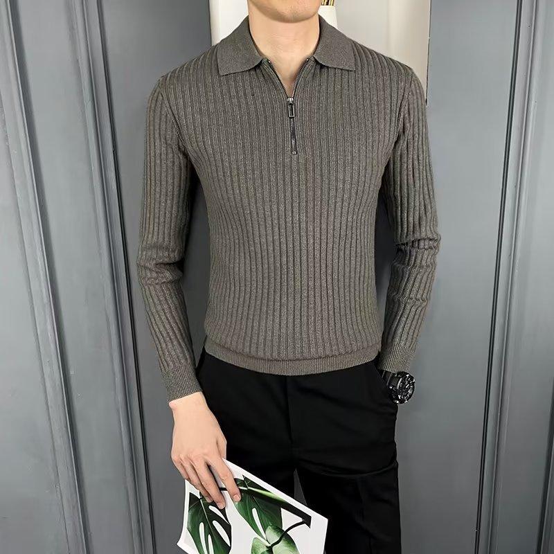 New striped half-zipper lapel knitted sweater men s business long-sleeved knitted polo shirt men s M серый