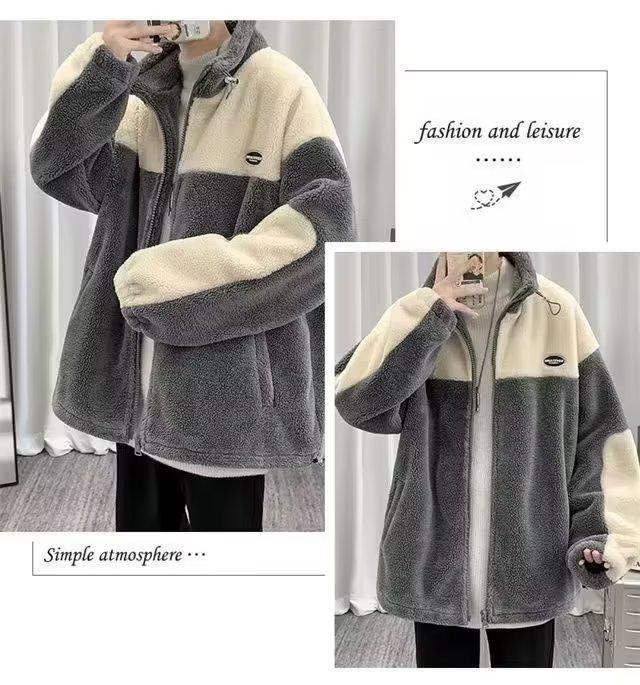 Men's Lambskin Jacket - Trendy Korean Style Winter Workwear, Loose, Plus Velvet, Thickened Top