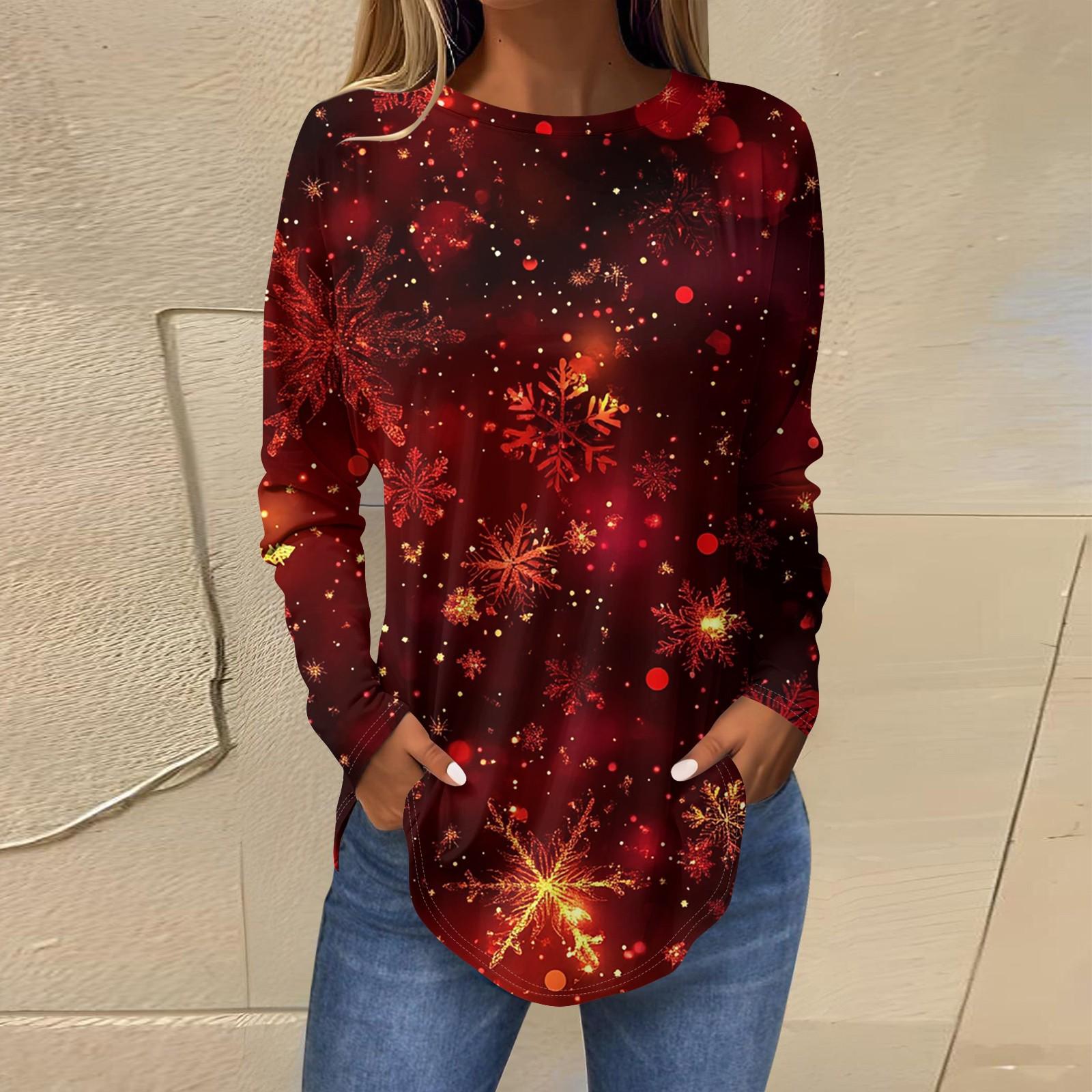 

Женская свободная футболка с длинным рукавом с круглым вырезом и принтом, верхний пуловер XL киноварь