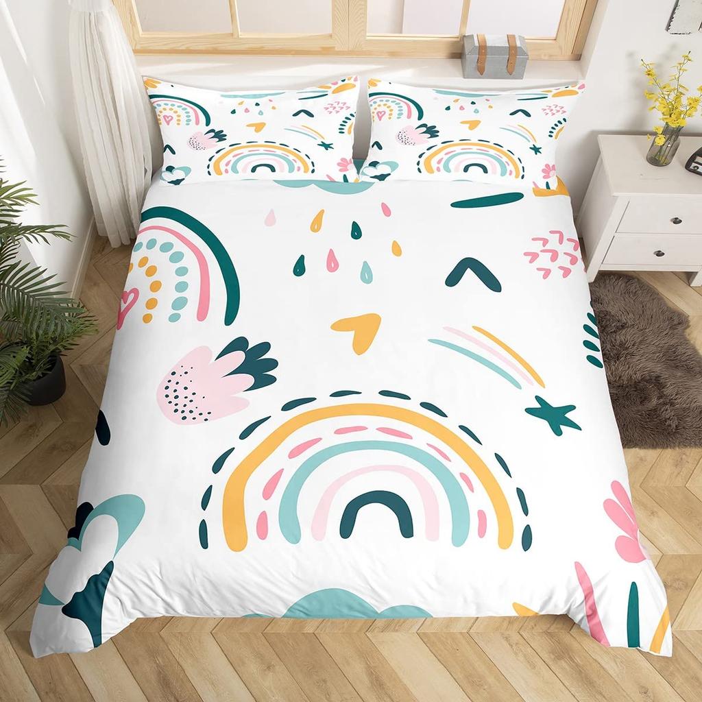Rainbow Comforter Cover Watercolor Hand Drawn Duvet Cover Cartoon Raindrop Kawaii Bedding Set Girl Crown Love Hearts Quilt Cover