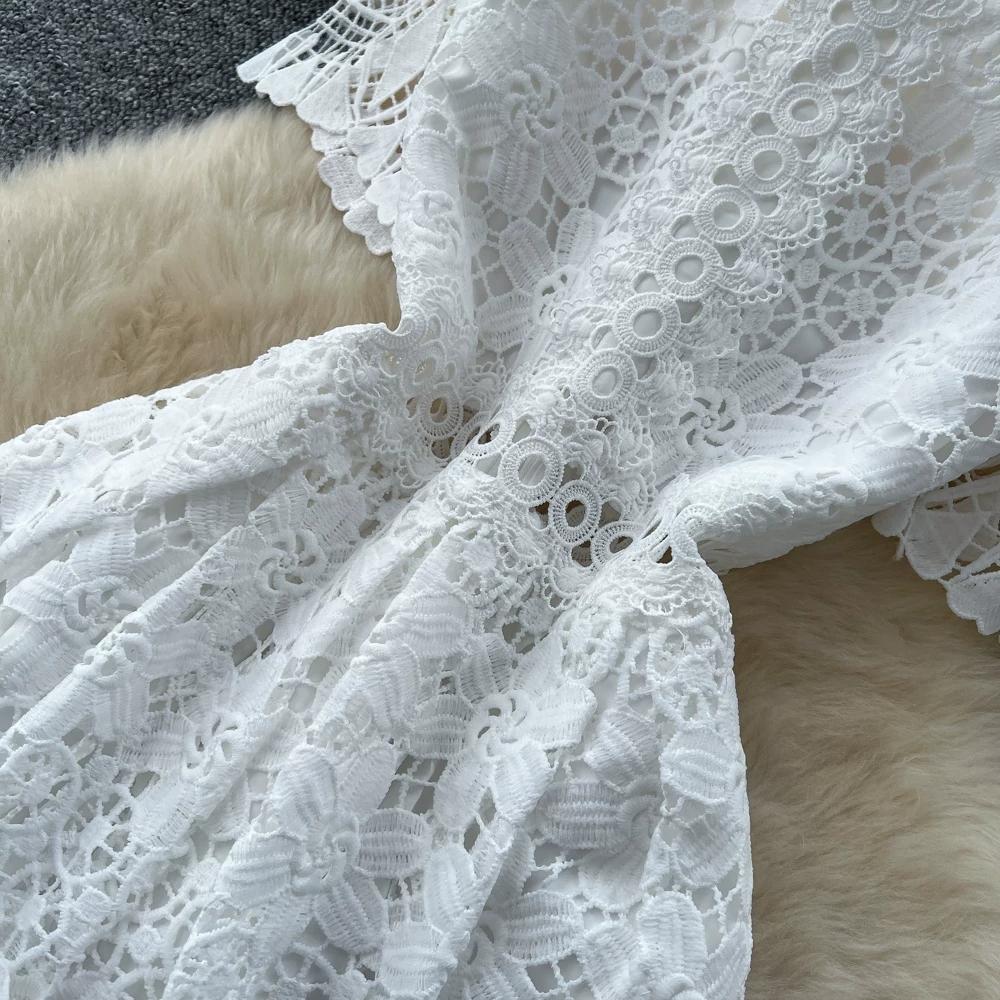 Abito Midi Elegante da Donna con Ricami in Pizzo, Manica Corta, Vita Alta, Linea ad A, Estivo, Casual, da Festa, per Matrimonio, da Vacanza, da Spiaggia