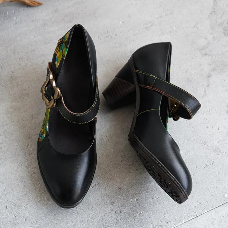 Johnature Retro Genuine Leather Printed Women's High Heels Comfortable Round Toe Thick Heels Pumps