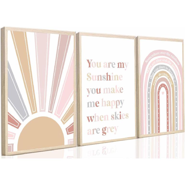 3 Pcs Boho Nursery Canvas Wall Art Pink Sweet Rainbow You Are My Sunshine Painting Pictures Wall Decor Poster Print Artwork For Kids Room Girls
