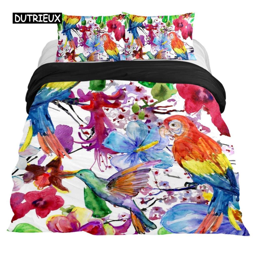 Hummingbirds Bedspread Cover Kit Tropical Flowers Nature Blooms Bed Cover Kit Tropical Birds Theme Queen Dimension Size 2/3 Pcs Comforter Cover