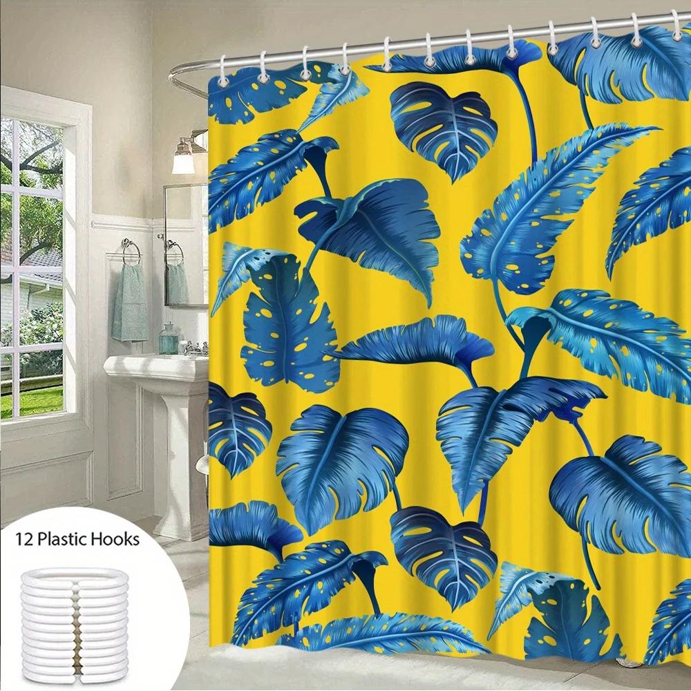 

Tropical Leaf Shower Curtain: Embrace The Bold Blue Design, Soft Fabric, And Vibrant Vibes For Your Lively Bathroom W60H190(CM)-1 Pcs