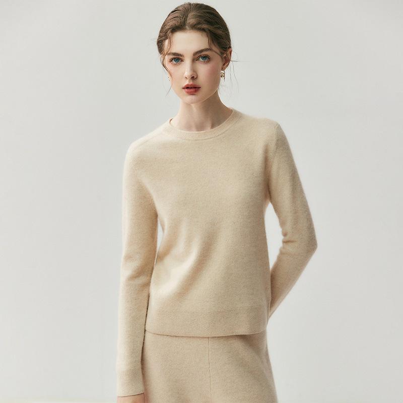 Dámský kašmírový svetr s kulatým výstřihem - Kolekce podzim/zima 2025, Jednobarevná hřejivá pletená základní vrstva