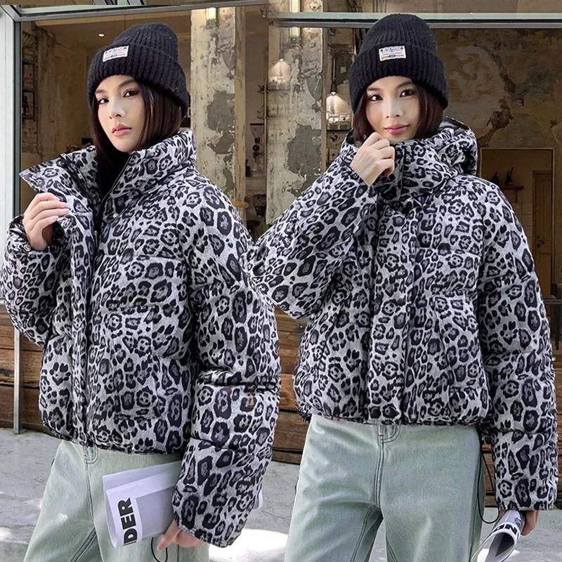 Giacca Imbottita in Cotone con Stampa Leopardata da Donna Parka Invernale Caldo Cappotto di Cotone Moda Capispalla con Cappuccio Soprabito Femminile