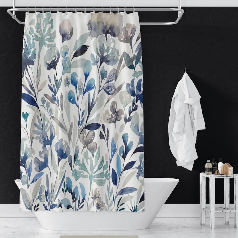 Blue Flowers On Shower Curtains | Floral Watercolor Print Shower Curtains | Bathroom Refresh Gifts | 71x74 In