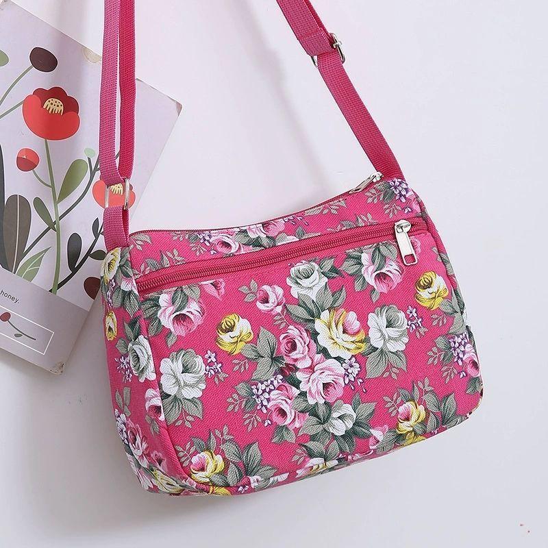 2025 New Fashion Joker Printed Lightweight Canvas Shoulder Bag Large Capacity Multi-pocket Zipper Crossbody Bag Middle-aged Mother Bag