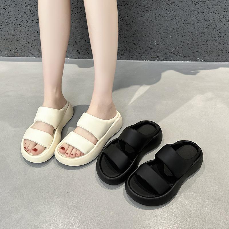 Slippers Women's Summer Outer Wear New Versatile Bread Shoes One-word Thick-soled Double-belt Sandals Women's