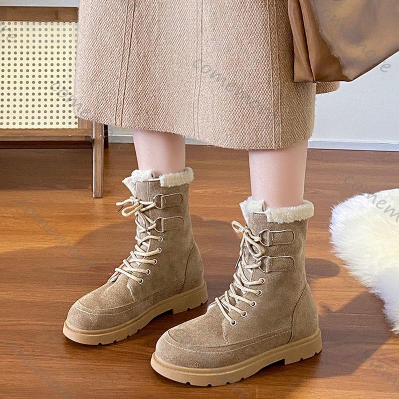 Comemore Winter Boots for Women Padded Cotton Shoes Female New Lace-up Thickened Warm Snow Boots Solid Suede Fur Botas Feminina