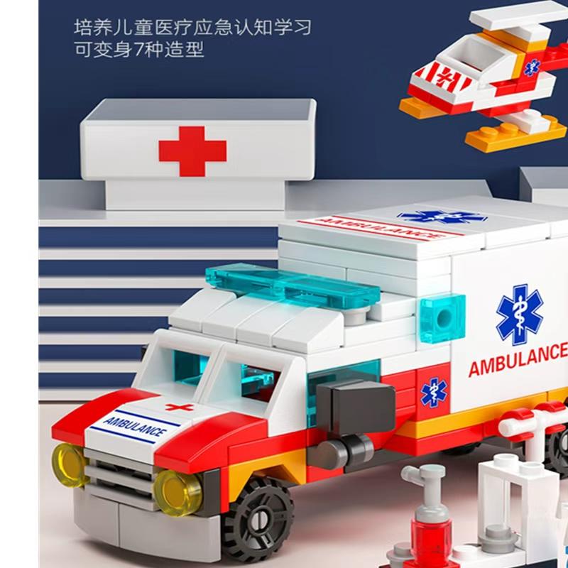 6In1 Ambulance Escort Car Helicopter Paramedic Doctor Mini Loader Truck Classic Model Building Blocks Sets Bricks Kids Toy City