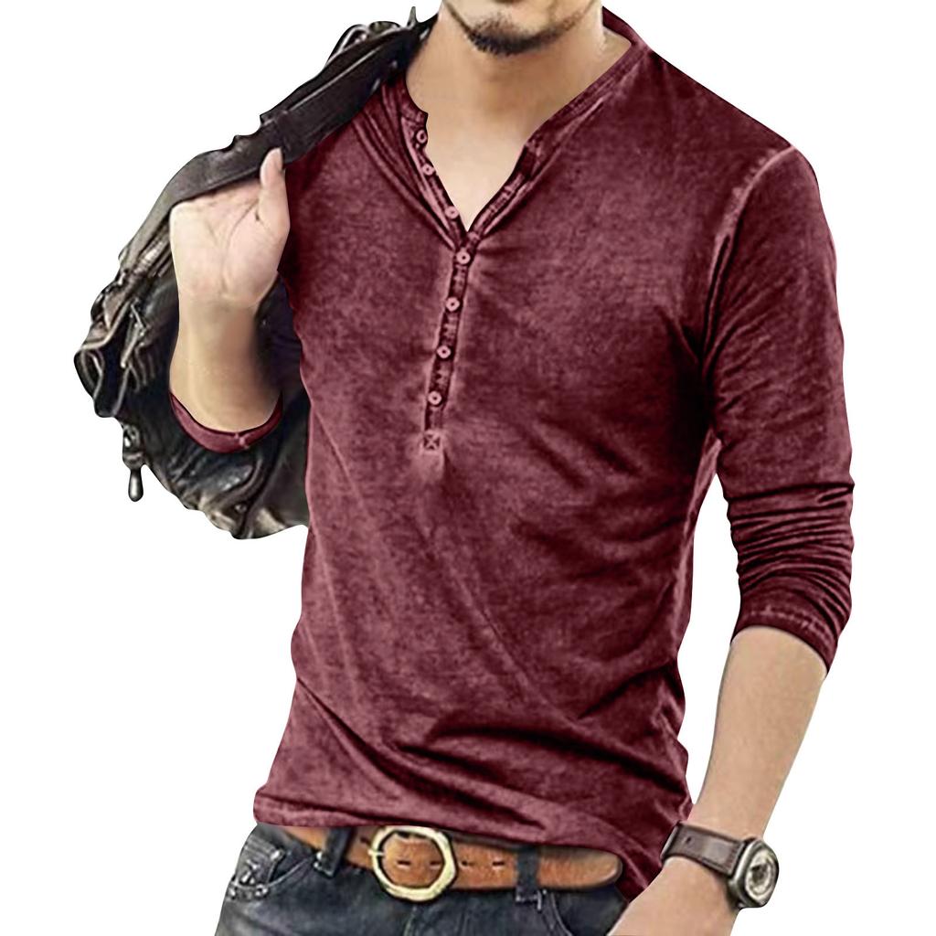 Men's Solid Color Long Sleeve Button Collar Long Sleeve T-Shirt Men's Casual Fashion Top