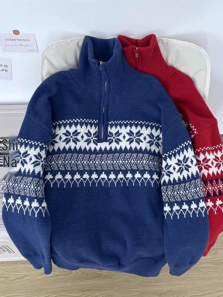 Men's Retro High Neck Knit Sweater - Warm, Loose, Half-Zip for Autumn & Winter