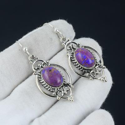 Lila Kopparturkosa Örhänge, Turkost Silverörhänge, Ovalt Stenörhänge, 925 Sterlingsilverörhänge, Ädelstensörhänge, Hängande Örhänge