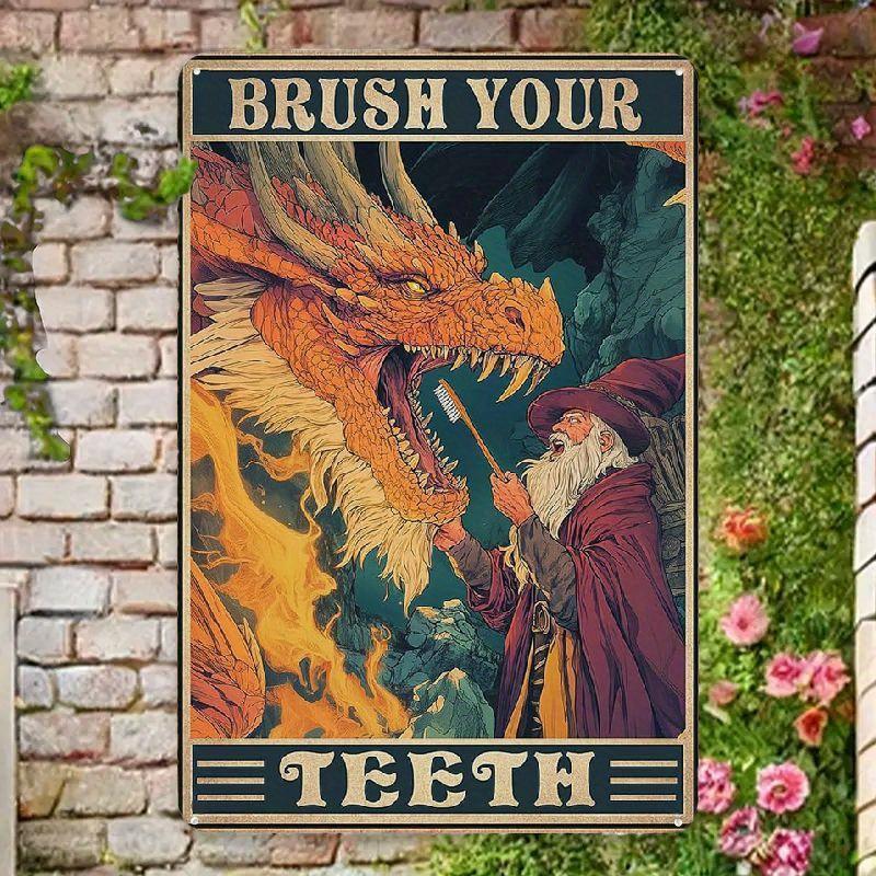 Brush Your Teeth Dragon Tin Sign Vintage Metal Tin Signs Wall Decor for Living Room Backyard Garden Garage Bar Retro Metal Sign