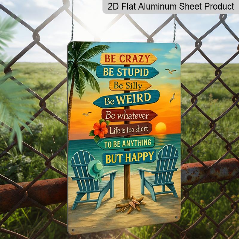 2D Flat - 1pc Ideal for Decorating Your Space, This AluminuSign Features a Relaxing Tropical Beach Scene with Palm Trees And Adirondack Chairs