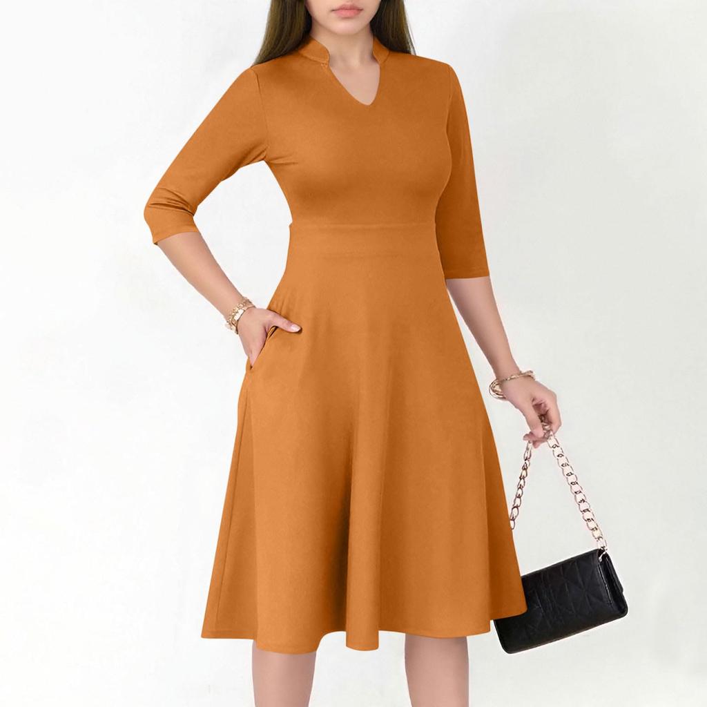 Women's Fashion V,Neck Three,Quarter Sleeve Church Work Dress With Pockets In Color