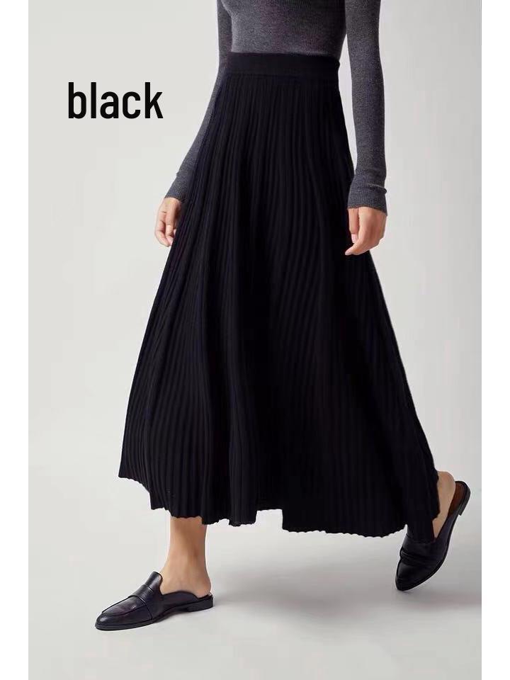 

Women s High-Waist Wool Knit Pleated Midi Skirt - 2024 Autumn/Winter Collection One Size чорний