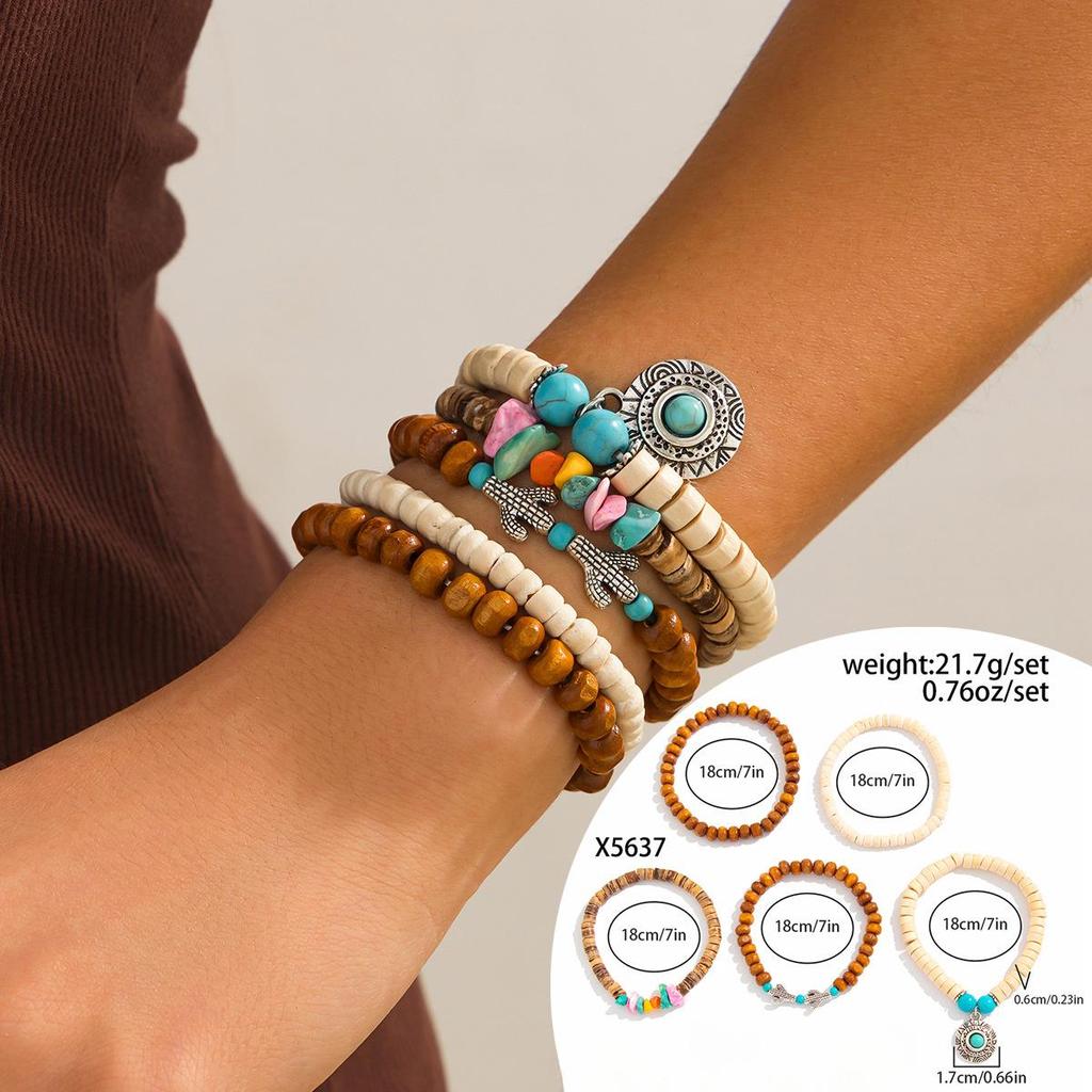 Women Beaded Bracelet Vintage Boho Style Handmade Leather Stretch Bracelet Fashion Vacation Men Accessories 5-piece Set