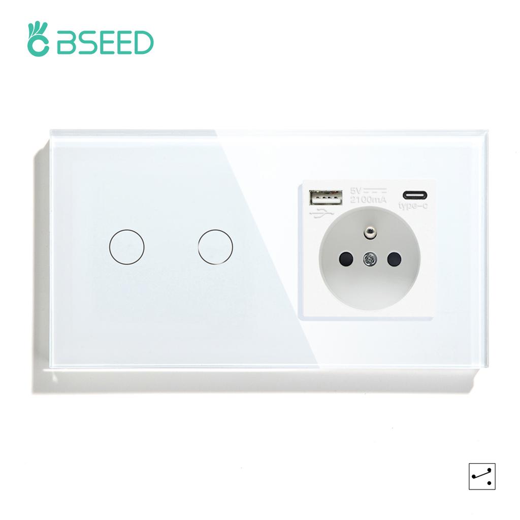 BSEED 1/2/3Gang Touch Light Switches 1/2/3Way Pass Through For Stair Plus French Standard Wall Sockets USB Type-c Charging Ports