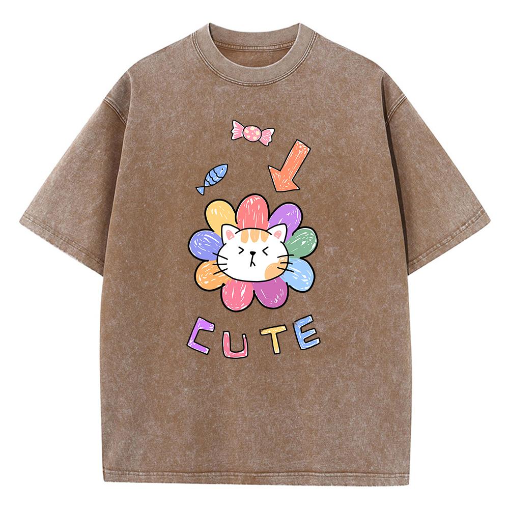 Cute Cartoon Little Flower Cat Men'S Tee Clothing Cartoon T-Shirts Popular Shoulder Drop Tee Shirt Retro Cotton Tops