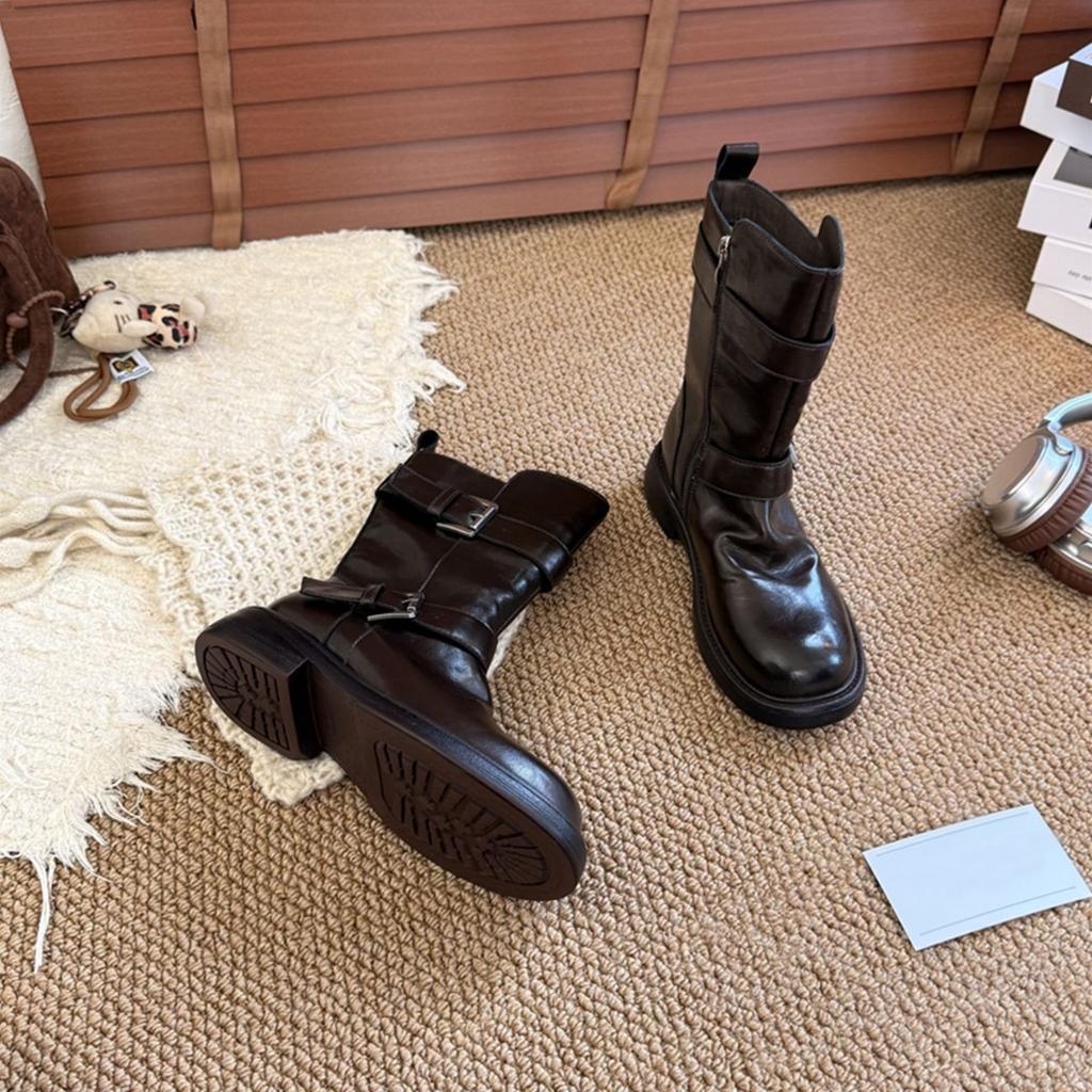 Dicksohlige Maillard Retro Mittelstiefel Damen Gürtelschnalle Kurzstiefel 2025 neue Herbst beliebte Martin Stiefel dünne Stiefel