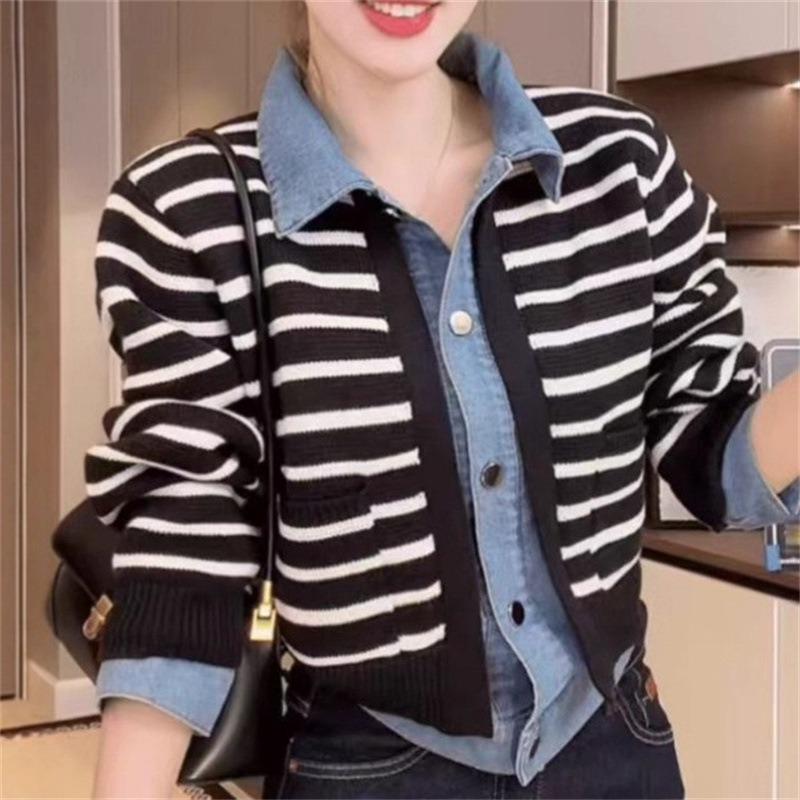 2025 autumn new splicing fake two-piece striped sweater knitted sweater women's versatile meat-covering and thin cardigan jacket