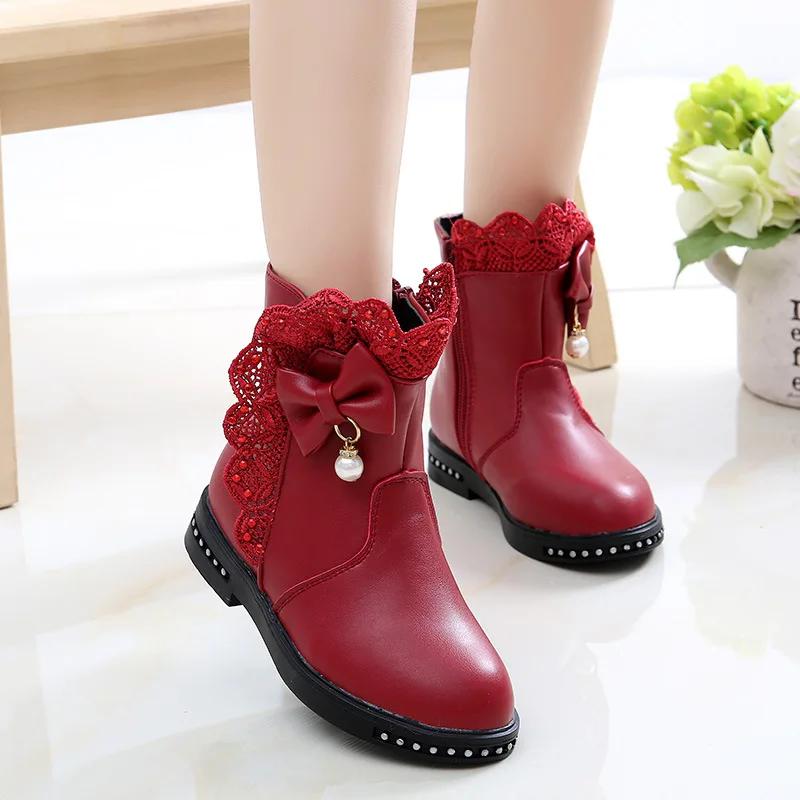 

Girls Princess Boots Kids Ankle Boots Lace with Bow-knot Sweet Warm Cotton Children Rubber Boots Fur Lining Snow Boots Shoes 27