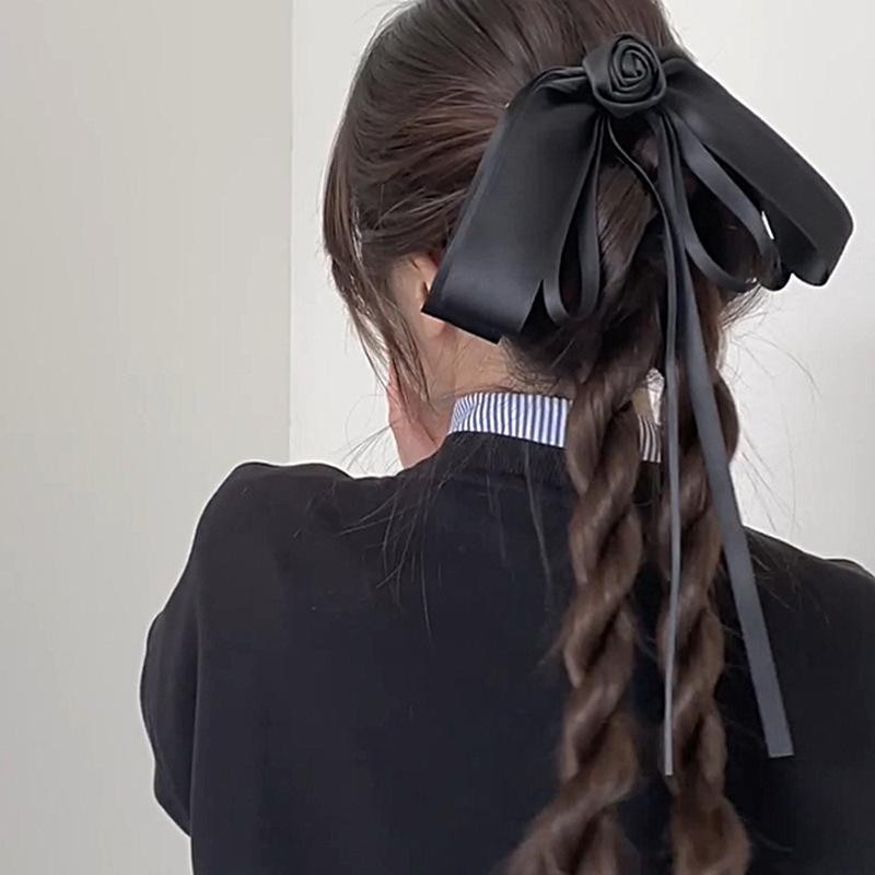 Black Camellia Bow Ribbon Hairpin French Hair Clip Women Girly High-End Elegant Hair Up Top Clip Mourning Funeral Hair Accessory
