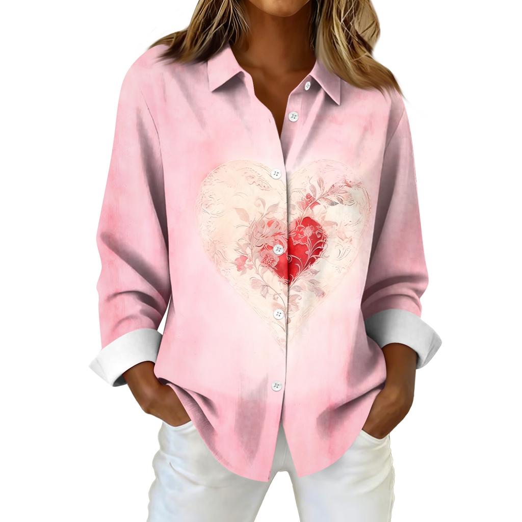 Kadın Gömlek Bluz Noel Baskılı Düğme Uzun Kollu Rahat Temel Gömlek Yaka Normal Üst